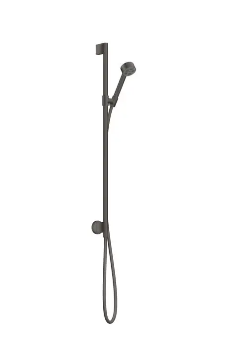 Brauseset in brushed black chrome, bestehend aus einer schlanken Stange mit Handbrause und Wandanschluss, designet von AXOR. Minimalistisches und funktionales Badezimmer-Accessoire.